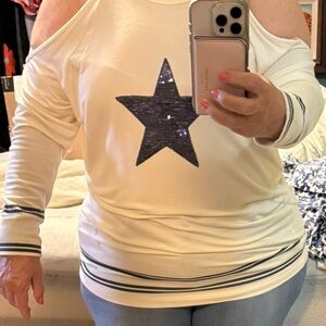 VENUS Cream Cold-Shoulder Top with Navy Sequin Star